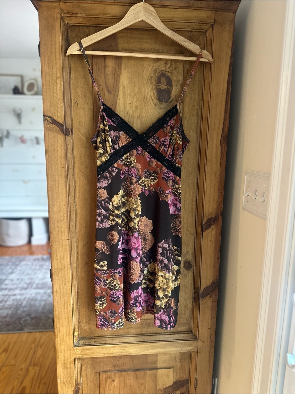 Nasty Gal Pink & Brown Floral Lace-Trim Slip Dress US Size 8